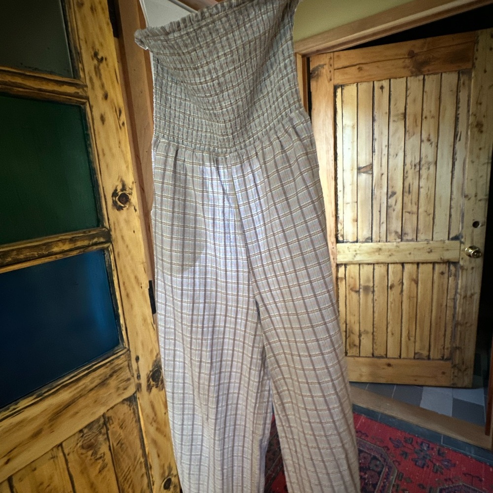 BCBGeneration Neutral Plaid Cropped Wide-Leg Jumpsuit